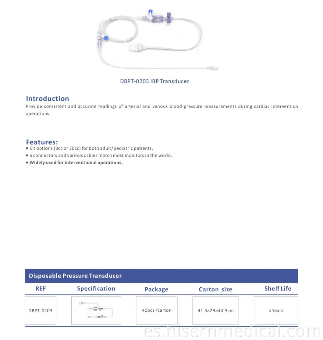 Kit de transductor de presión arterial desechable médico Hisern de suministro de fábrica de China